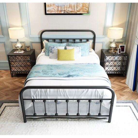 NEEBIRGELIA Metallbettrahmen, volle Größe, mit Kopfteil und Fußteil, Einzelbettmatratze, Metallrohr und Eisen-Art-Bett, Schwarz
