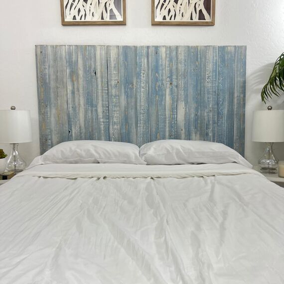 Kopfteil, verwittert, Kleiderbügel-Stil, handgefertigt. Wandmontage. Einfacher Einbau. Queen Blue Powderwash