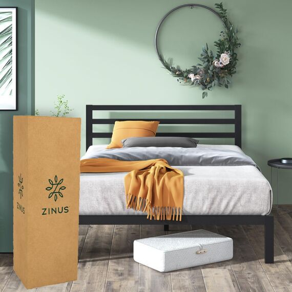 Zinus MIA Bettgestell mit Metallplattform mit Kopfteil/Matratzenunterlage/Holzlattenständer/einfache Montage/Bett in Box/Möbel für Schlafzimmer/Doppelbett