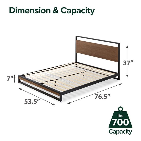 ZINUS Suzanne 37 Zoll Metall und Holz Plattform Bettrahmen/Massivholz & Stahl Konstruktion/Keine Boxfeder benötigt/Holzlattenstütze/Einfache Montage Kastanienbraun Voll
