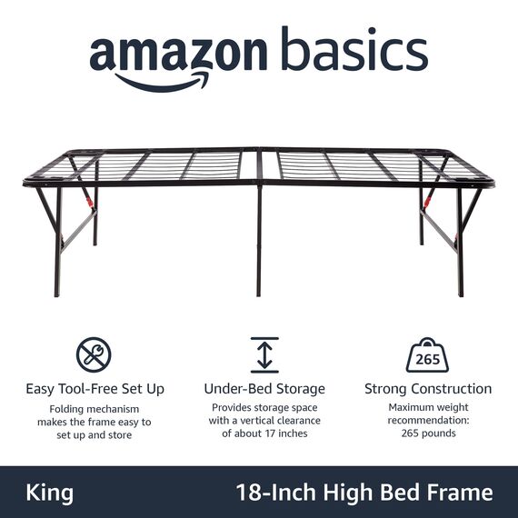 Amazon Basics Bettgestell, zusammenklappbar, ohne Werkzeug zu montieren, 45,7 cm hoch für extra Unterbettkommode Plateau King schwarz