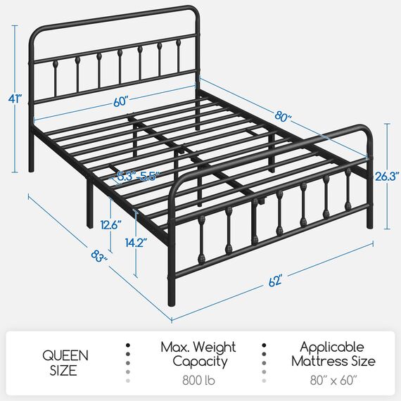 Yaheetech Klassisches Metall-Plattform-Bettgestell, Matratze, Fundament mit viktorianischem Stil, Eisenkunst-Kopfteil/Fußteil/Unterbett-Aufbewahrung/kein Boxspringbett erforderlich/Queen-Size-Größe,