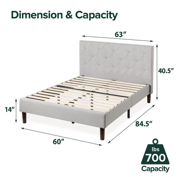 Zinus Shalini Upholstered Diamond Stitched Platform Bed/Mattress Foundation/Easy Assembly/Strong Wood Slat Support/Sage Grey, Queen