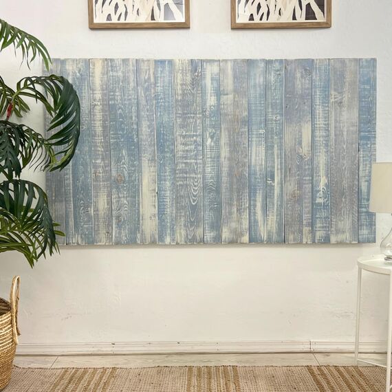 Kopfteil, verwittert, Kleiderbügel-Stil, handgefertigt. Wandmontage. Einfacher Einbau. Queen Blue Powderwash