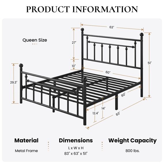SHA CERLIN 35,6 cm Queen-Size-Metallbettrahmen, viktorianisches Kopfteil und Fußteil, Stahllattenmatratzenfundament zur Aufbewahrung, kein Boxspringbett erforderlich, geräuschfrei, Schwarz