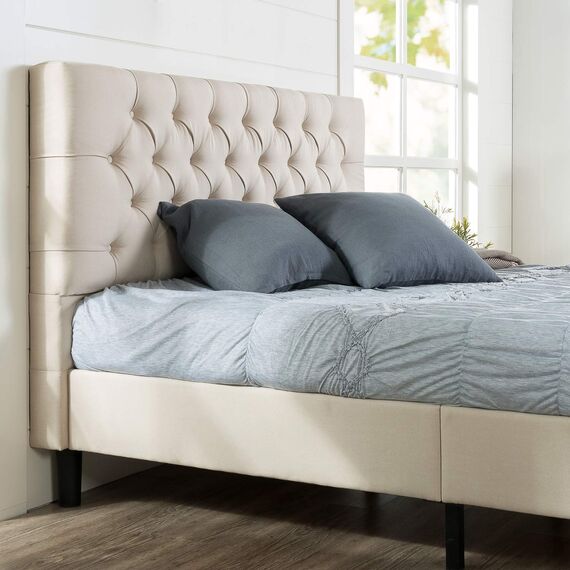 Zinus Misty Gepolstertes Plattformbettgestell, Matratzenfundament, Holzlattenstütze, kein Boxspringbett nötig, einfache Montage, Taupe, voll