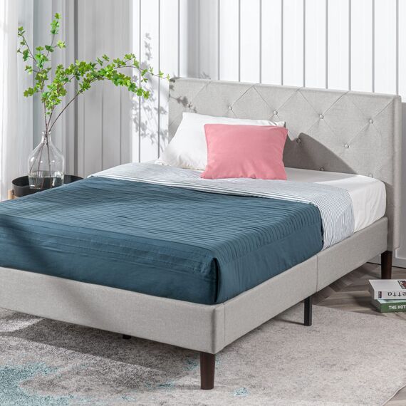Zinus Shalini Upholstered Diamond Stitched Platform Bed/Mattress Foundation/Easy Assembly/Strong Wood Slat Support/Sage Grey, Queen
