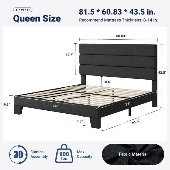 Allewie Queen-Size-Bettgestell mit gepolstertem Kopfteil aus Stoff und Holzlattenstütze, voll gepolsterte Matratzenfundament, keine Boxspringfeder erforderlich, einfache Montage, Dunkelgrau