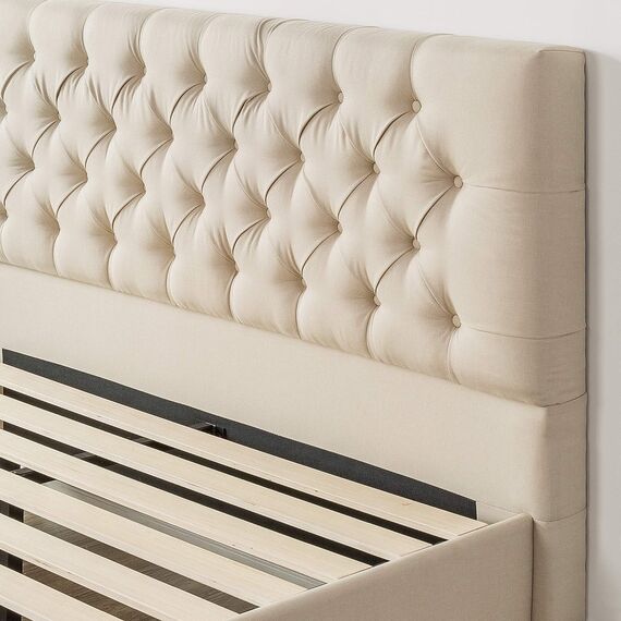 Zinus Misty Gepolstertes Plattformbettgestell, Matratzenfundament, Holzlattenstütze, kein Boxspringbett nötig, einfache Montage, Taupe, voll