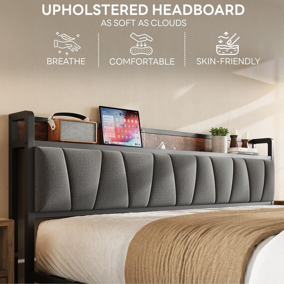 LIKIMIO King Size Bettgestell, Bettkopfteil mit Ladestation, solide und stabil, geräuschfrei, kein Boxspringbett erforderlich, einfache Montage