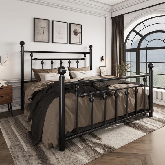SHA CERLIN 35,6 cm Queen-Size-Metallbettrahmen, viktorianisches Kopfteil und Fußteil, Stahllattenmatratzenfundament zur Aufbewahrung, kein Boxspringbett erforderlich, geräuschfrei, Schwarz
