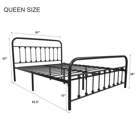 URODECOR Queen Plattform Metallbettrahmen mit Kopfteil und Fußteil, Vintage viktorianischen Stil Matratze Fundament, kein Boxspring erforderlich, Unterbettkommode, Schwarz
