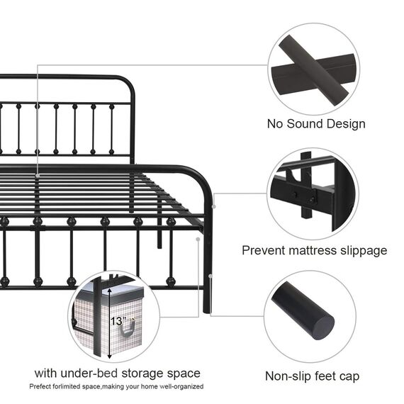 URODECOR Queen Plattform Metallbettrahmen mit Kopfteil und Fußteil, Vintage viktorianischen Stil Matratze Fundament, kein Boxspring erforderlich, Unterbettkommode, Schwarz