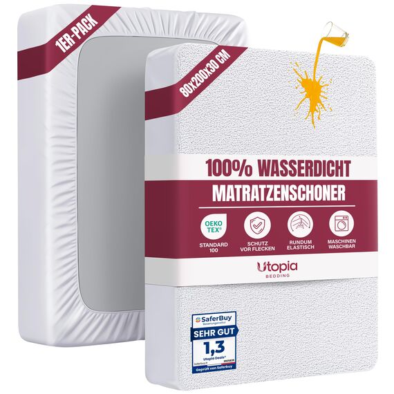 Utopia Bedding Matratzenschoner 80 x 200 x 30 cm Wasserdicht, Oeko-TEX Zertifiziert Matratzenauflage Atmungsaktive, Matratzenschutz, Rundum Elastisch Weiß
