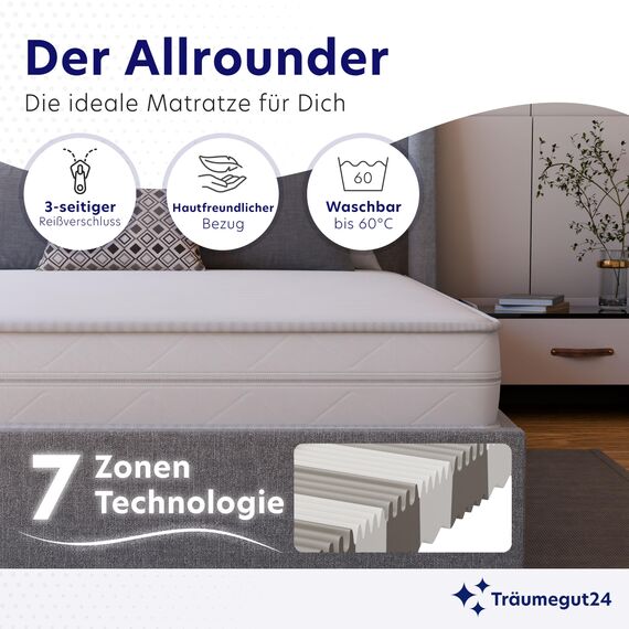 Träumegut24 - ergonomische 7-Zonen Matratze 140x200 cm | Größe + Höhe wählbar | Härtegrad H2&H3 | Kaltschaummatratze | Hautfreundlicher Bezug | Oeko-TEX® | (140 x 200 cm, 15 cm)
