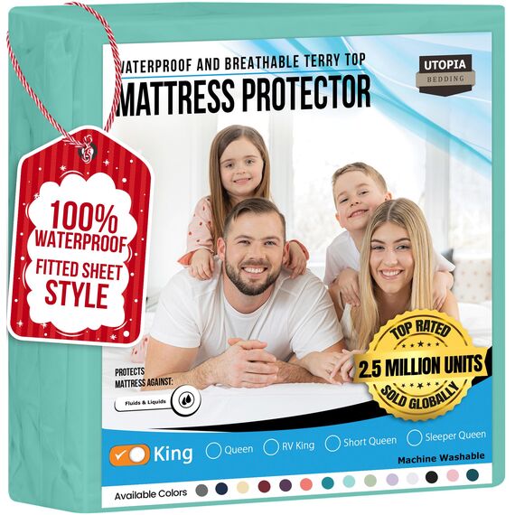 Utopia Bedding Wasserdichter Matratzenschoner für King-Size-Bett, Premium-Frottee-Matratzenbezug, 200 g/m², atmungsaktiv, Spannbetttuch mit dehnbaren Taschen, Spa-Blau