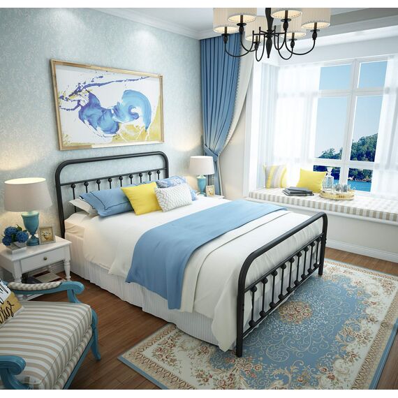 URODECOR Queen Plattform Metallbettrahmen mit Kopfteil und Fußteil, Vintage viktorianischen Stil Matratze Fundament, kein Boxspring erforderlich, Unterbettkommode, Schwarz