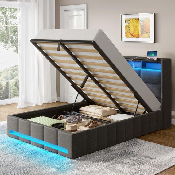 Rolanstar Bettrahmen für Doppelbett, mit aufklappbarem Stauraum, Ladestation und LED-Lichtern, gepolstertes Kopfteil, robuste Holzlamellen, kein Boxspringbett erforderlich, geräuschfrei, einfache