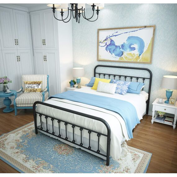 URODECOR Queen Plattform Metallbettrahmen mit Kopfteil und Fußteil, Vintage viktorianischen Stil Matratze Fundament, kein Boxspring erforderlich, Unterbettkommode, Schwarz