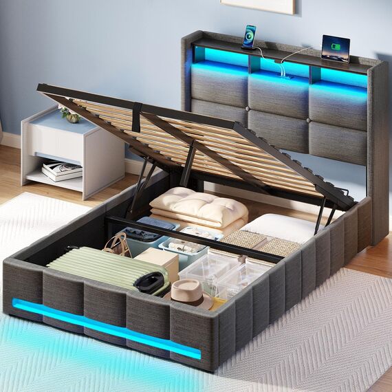 Rolanstar Bettrahmen für Doppelbett, mit aufklappbarem Stauraum, Ladestation und LED-Lichtern, gepolstertes Kopfteil, robuste Holzlamellen, kein Boxspringbett erforderlich, geräuschfrei, einfache