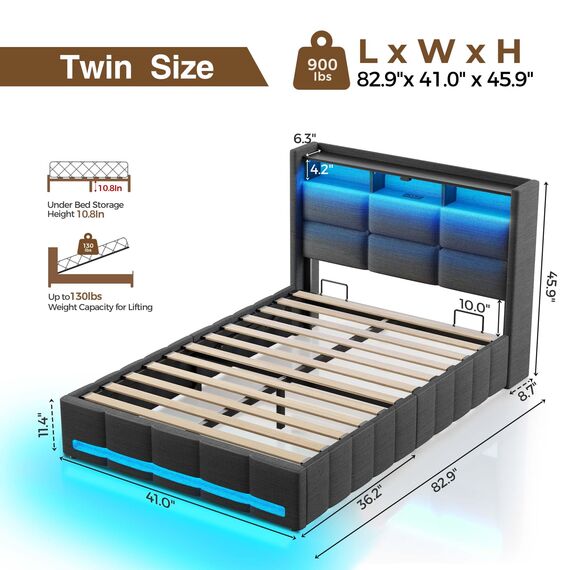 Rolanstar Bettrahmen für Doppelbett, mit aufklappbarem Stauraum, Ladestation und LED-Lichtern, gepolstertes Kopfteil, robuste Holzlamellen, kein Boxspringbett erforderlich, geräuschfrei, einfache