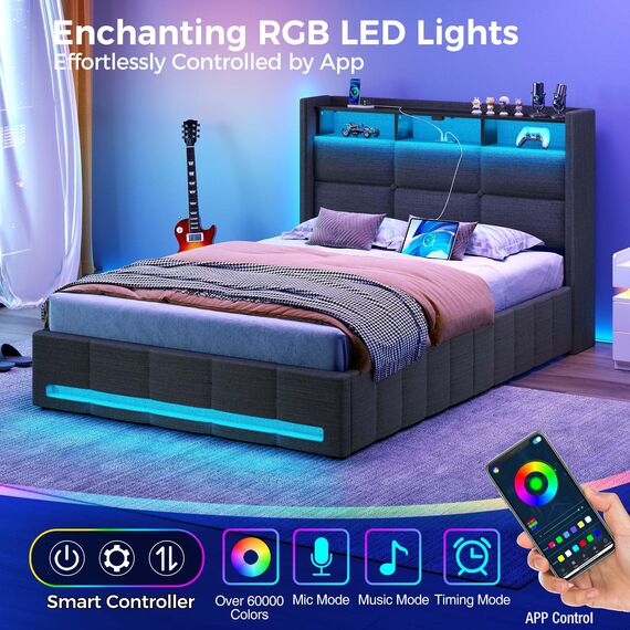 Rolanstar Bettrahmen für Doppelbett, mit aufklappbarem Stauraum, Ladestation und LED-Lichtern, gepolstertes Kopfteil, robuste Holzlamellen, kein Boxspringbett erforderlich, geräuschfrei, einfache