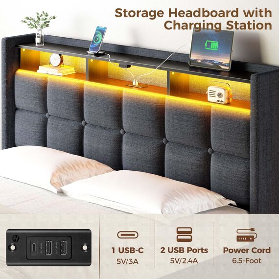 Rolanstar Bettrahmen für Doppelbett, mit aufklappbarem Stauraum, Ladestation und LED-Lichtern, gepolstertes Kopfteil, robuste Holzlamellen, kein Boxspringbett erforderlich, geräuschfrei, einfache
