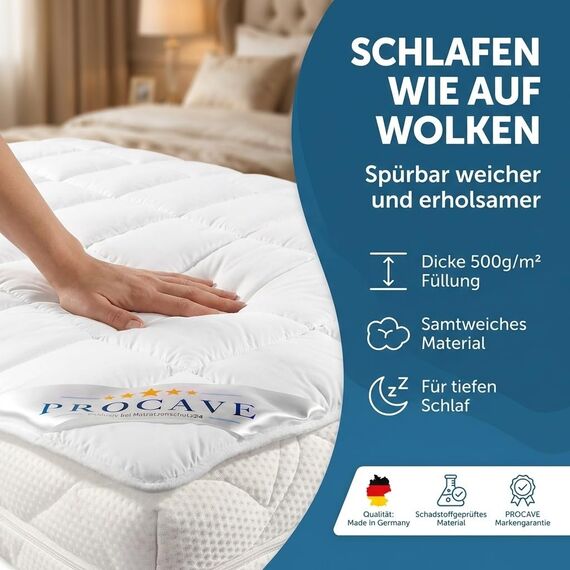 PROCAVE® Matratzenschoner 80x210 cm Topper | Matratzenauflage mit 4 Eckgummis | Atmungsaktive Matratzentopper & Matratzenauflage | Anti Milben Matratzenbezug | Mattress Topper Made in Germany