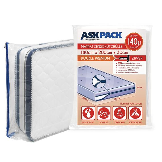 ASK Pack Matratzenschutzhüllen mit Anker-Reißverschluss - Größen von XS bis XXL, Wasserdicht, Reißfest, Ultra Starkes Material 140 mikron - Ideal für Umzug, Lagerung und Transport - 180x200 cm