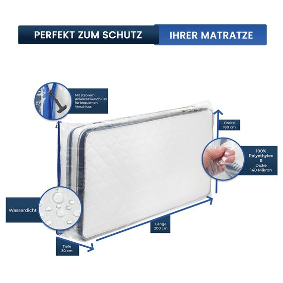 ASK Pack Matratzenschutzhüllen mit Anker-Reißverschluss - Größen von XS bis XXL, Wasserdicht, Reißfest, Ultra Starkes Material 140 mikron - Ideal für Umzug, Lagerung und Transport - 180x200 cm