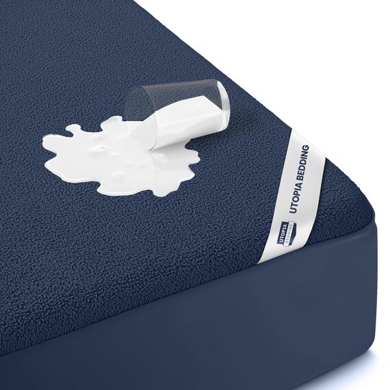 Utopia Bedding wasserdichter Matratzenschoner für Doppelbett, Matratzenbezug aus hochwertigem Frottee, 200 g/m², atmungsaktiv, Spannbetttuch mit dehnbaren Ecken, Marineblau
