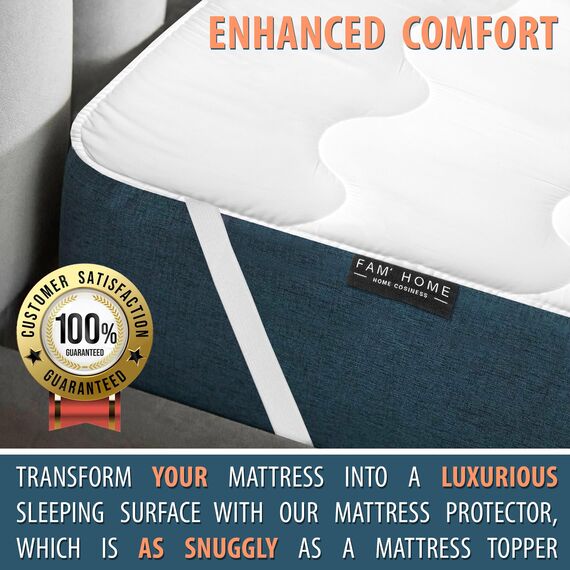FAM'HOME Premium Matratzenschoner 140 x 190 cm mit hypoallergenem Soft Microfiber Bezug, atmungsaktive Matratzenauflage mit 4 elastischen Eckgurten, weißer hygienischer Matress Topper 140x190