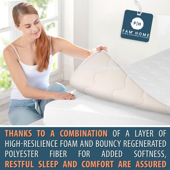 FAM'HOME Premium Matratzenschoner 100x200 cm mit hypoallergenem Soft Microfiber Bezug, atmungsaktive Matratzenauflage 100x200 cm mit 4 elastischen Eckgurten, hygienischer Matratzentopper 100 x 200