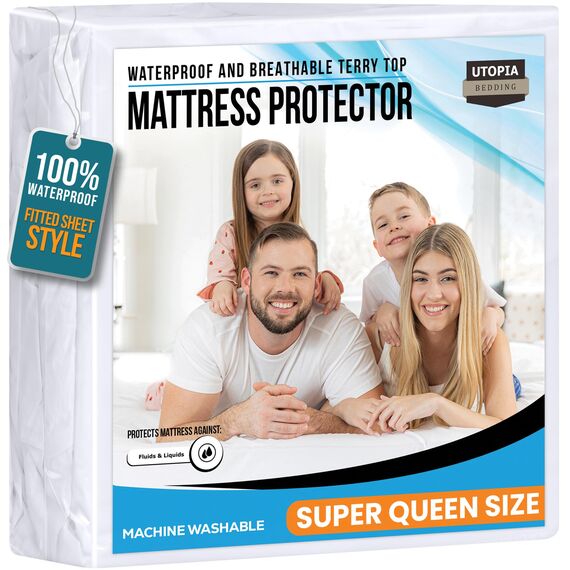 Utopia Bedding Wasserdichter Matratzenschoner, Super-King-Size-Größe, Premium-Frottee-Matratzenbezug, 200 g/m², atmungsaktiv, Spannbetttuch mit dehnbaren Taschen, Weiß