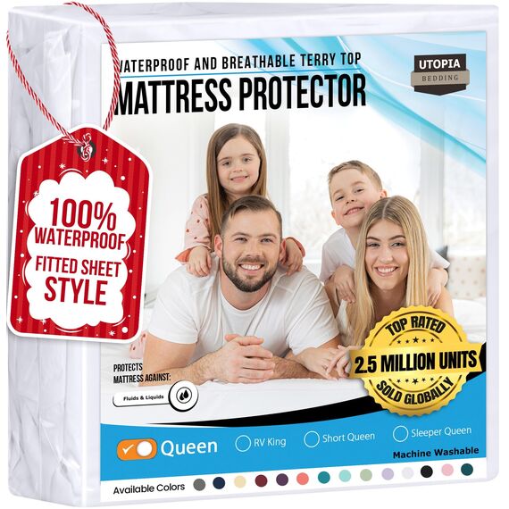 Utopia Bedding Premium 200 GSM 100% Waterproof Mattress Protector, Terry Mattress Cover, Breathable, Fitted Style All Around Elastic (Queen)