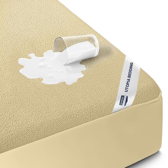 Utopia Bedding Wasserdichter Matratzenschoner, Queen-Size-Größe, Premium-Frottee-Matratzenbezug, 200 g/m², atmungsaktiv, Spannbetttuch mit dehnbaren Taschen (Beige)
