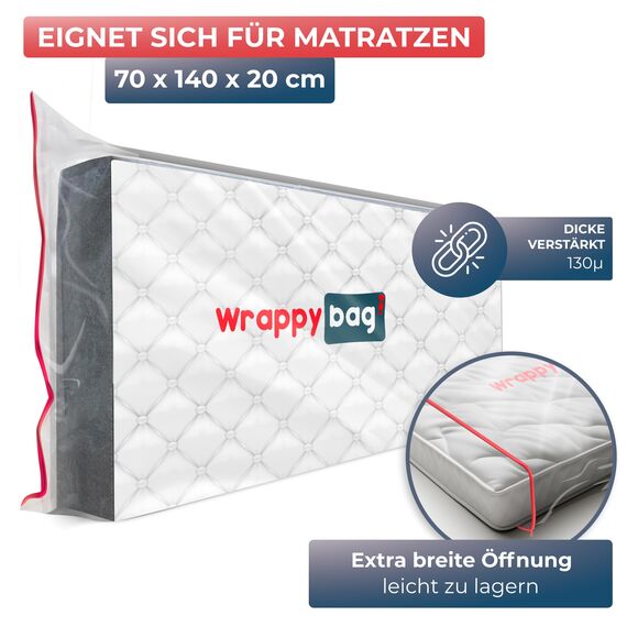 WRAPPYBAG – Schutzhülle aus Kunststoff für Matratzen – 5 Größen erhältlich – wasserdichte und reißfeste Aufbewahrungstasche – Für Umzug, Lagerung & Transport - 70x140