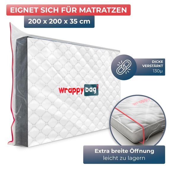 WRAPPYBAG – Schutzhülle aus Kunststoff für Matratzen – 5 Größen erhältlich – wasserdichte und reißfeste Aufbewahrungstasche – Für Umzug, Lagerung & Transport (200 x 200)