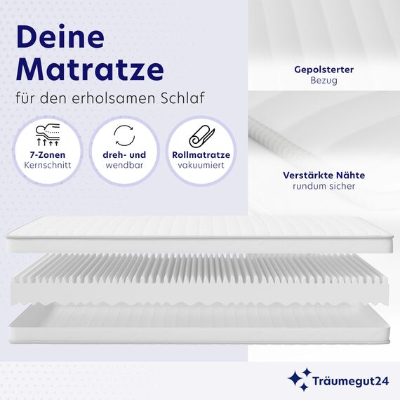 Träumegut24 - ergonomische 7-Zonen Matratze 80x200 cm | Größe + Höhe wählbar | Härtegrad H2&H3 | Kaltschaummatratze | Hautfreundlicher Bezug | Oeko-TEX® | (80 x 200 cm, 17 cm)