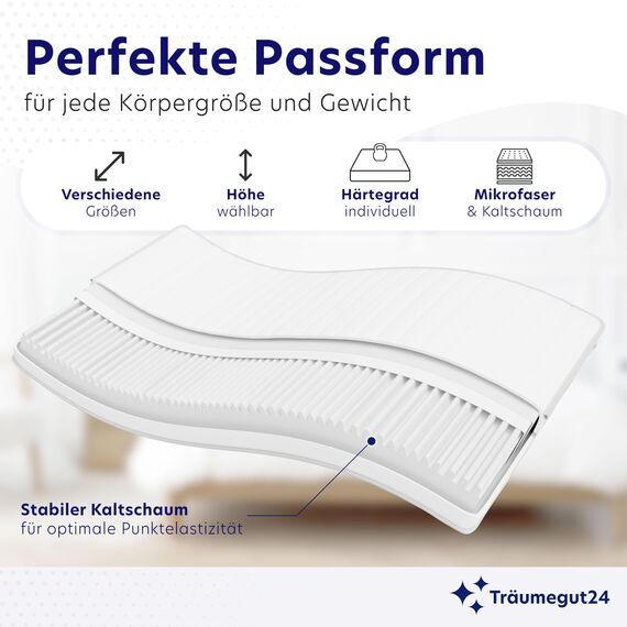 Träumegut24 - ergonomische 7-Zonen Matratze 80x200 cm | Größe + Höhe wählbar | Härtegrad H2&H3 | Kaltschaummatratze | Hautfreundlicher Bezug | Oeko-TEX® | (80 x 200 cm, 17 cm)