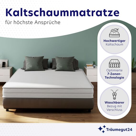 Träumegut24 - ergonomische 7-Zonen Matratze 90x200 cm | Größe + Höhe wählbar | Härtegrad H2&H3 | Kaltschaummatratze | Hautfreundlicher Bezug | Oeko-TEX® | (90 x 200 cm, 15 cm)