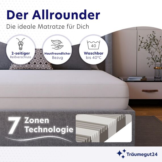 Träumegut24 - ergonomische 7-Zonen Matratze 180x200 cm | Größe + Höhe wählbar | Härtegrad H2&H3 | Kaltschaummatratze | Hautfreundlicher Bezug | Oeko-TEX® | (180 x 200 cm, 13 cm)