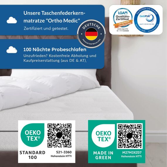 BMM Matratze 180x200 cm Ortho Medic Taschenfederkernmatratze Härtegrad H3/Öko-Tex Zertifiziert/ergonomische 7 Zonen Matratze Höhe 21 cm/Matratzen Deutsche Produktentwicklung