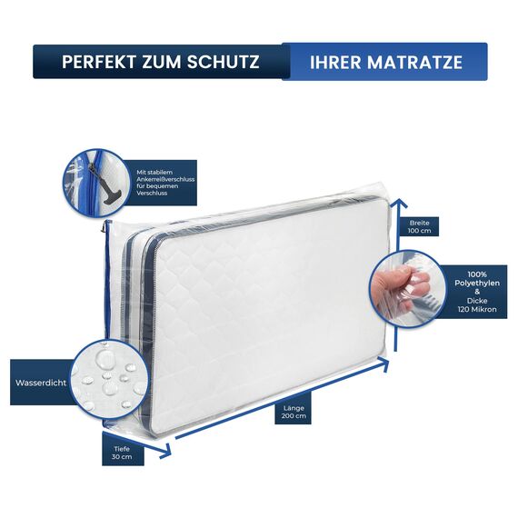 ASK Pack Matratzenschutzhüllen mit Anker-Reißverschluss - Größen von XS bis XXL, Wasserdicht, Reißfest, Ultra Starkes Material bis zu 120 mikron - Ideal für Umzug, Lagerung und Transport - 100x200 cm