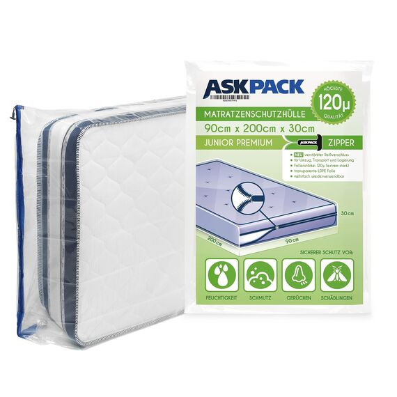ASK Pack Matratzenschutzhüllen mit Anker-Reißverschluss - Größen von XS bis XXL, Wasserdicht, Reißfest, Ultra Starkes Material 120 mikron - Ideal für Umzug, Lagerung und Transport - 90x200 cm