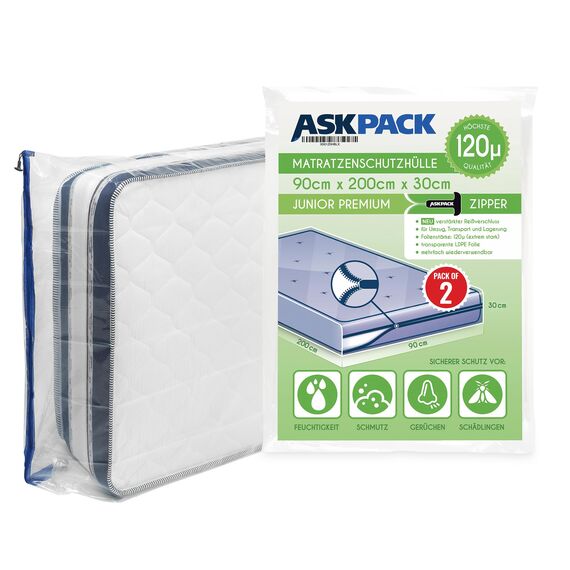 ASK Pack 2 Matratzenschutzhüllen mit Anker-Reißverschluss - Größen von XS bis XXL, Wasserdicht, Reißfest, Ultra Starkes Material 120 Mikron - Ideal für Umzug, Lagerung und Transport - 90x200 cm