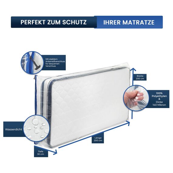 ASK Pack Matratzenschutzhüllen mit Anker-Reißverschluss - Größen von XS bis XXL, Wasserdicht, Reißfest, Ultra Starkes Material 140 mikron - Ideal für Umzug, Lagerung und Transport - 200x200 cm