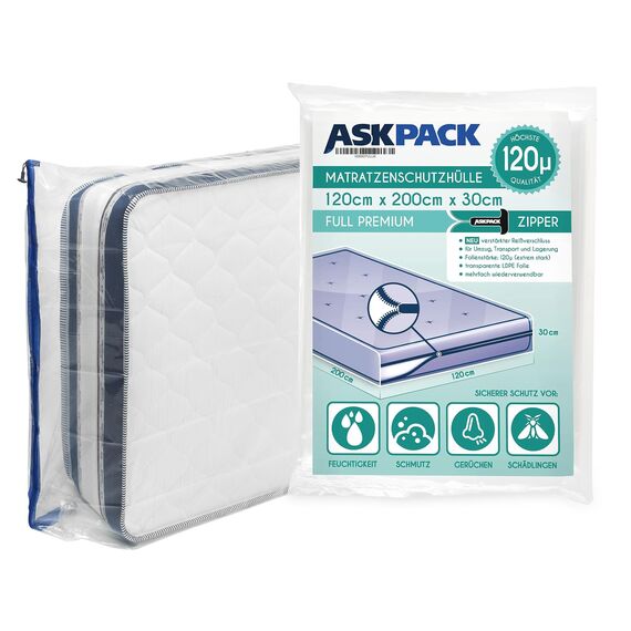 ASK Pack Matratzenschutzhüllen mit Anker-Reißverschluss - Größen von XS bis XXL, Wasserdicht, Reißfest, Ultra Starkes Material bis zu 120 mikron - Ideal für Umzug, Lagerung und Transport - 120x200 cm
