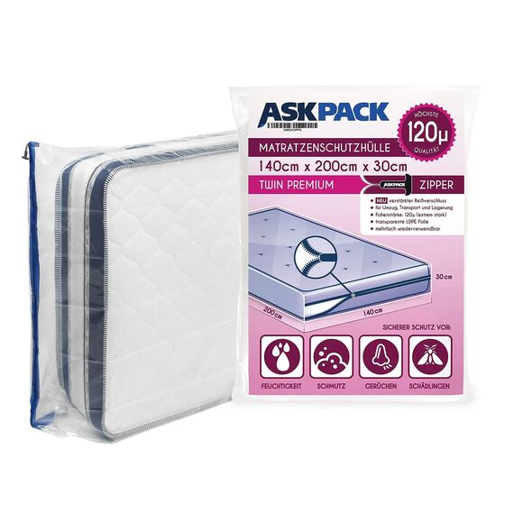 ASK Pack Matratzenschutzhüllen mit Anker-Reißverschluss - Größen von XS bis XXL, Wasserdicht, Reißfest, Ultra Starkes Material 120 mikron - Ideal für Umzug, Lagerung und Transport - 140x200 cm