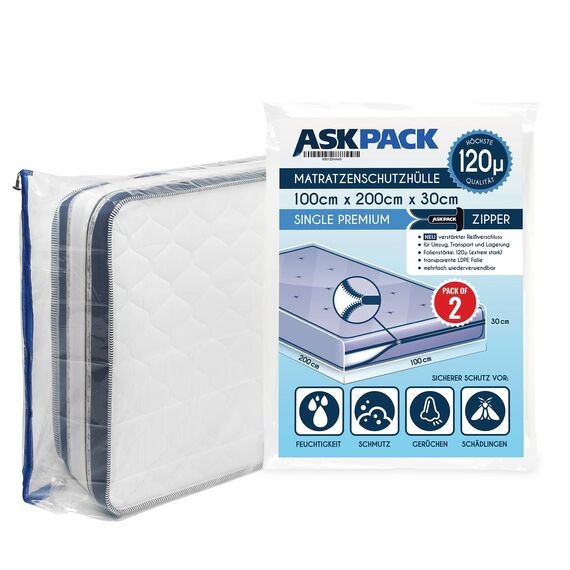 ASK Pack 2 Matratzenschutzhüllen mit Anker-Reißverschluss - Größen von XS bis XXL, Wasserdicht, Reißfest, Ultra Starkes Material 120 Mikron - Ideal für Umzug, Lagerung und Transport - 100x200 cm